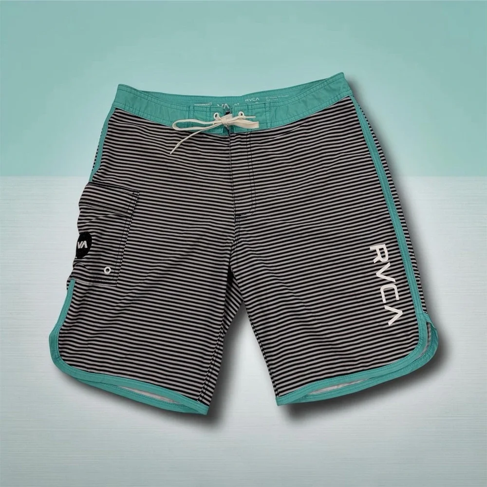 RVCA Mens Performance Stretch Swim Trunk Board Shorts Sz 32 Striped Black/Gray